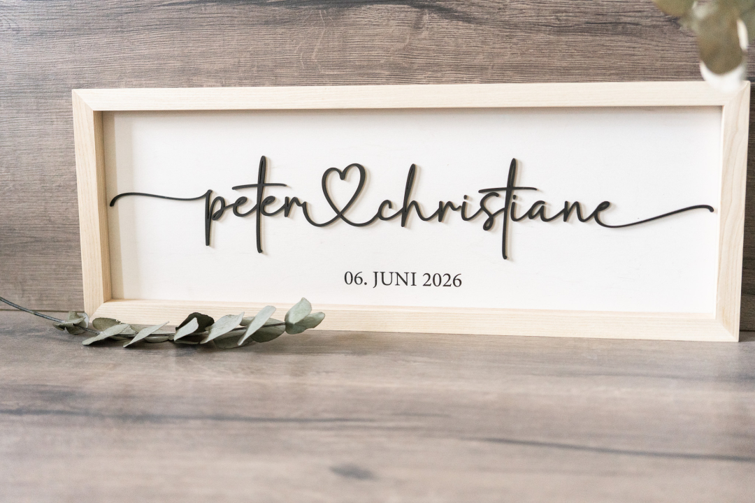 Personalisierter Hochzeitsrahmen aus Eschenholz mit 3D-Acryl-Schriftzug und UV-Druck des Hochzeitsdatums – stilvolles Geschenk für Brautpaare
